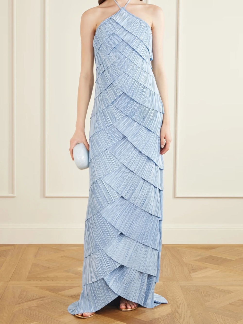 Pleated Halter Maxi Dress in Light Blue - Picture 1 of 2